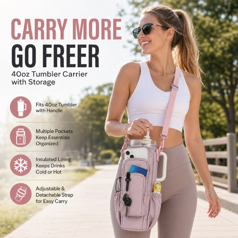 40oz tumbler carrier bag with strap and pockets