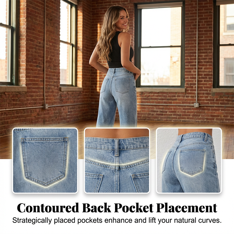 CONTOURED BACK POCKET PLACEMENT - The back pockets are strategically angled and positioned to create a flattering, lifti