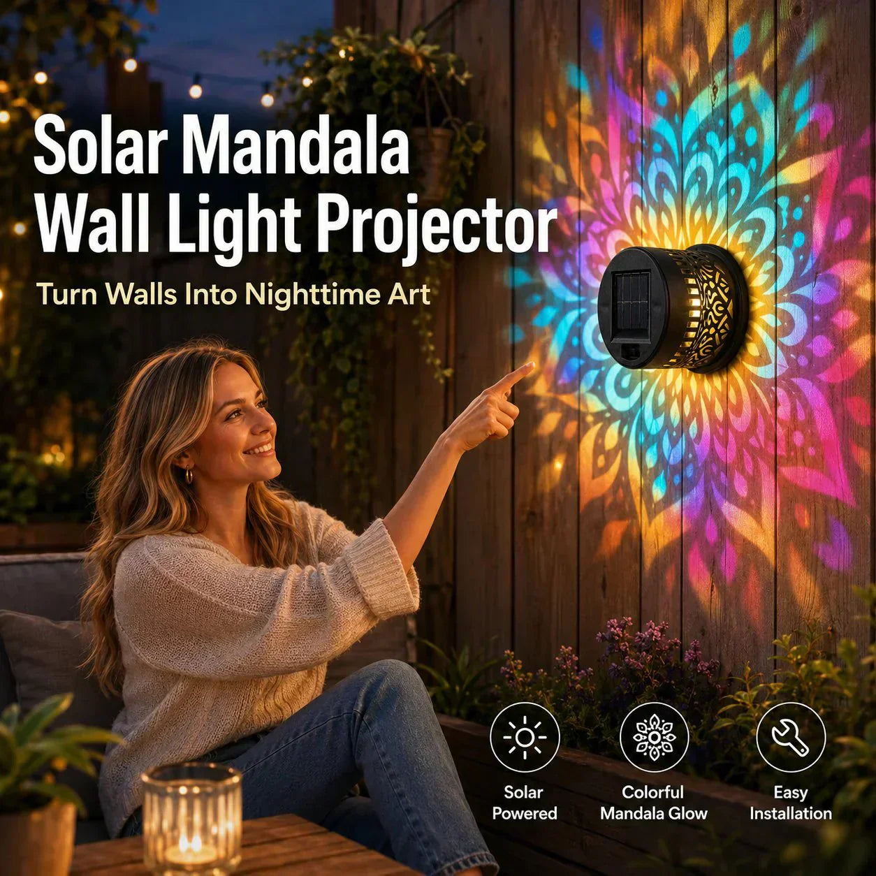Solar powered mandala projector light outdoor wall lamp