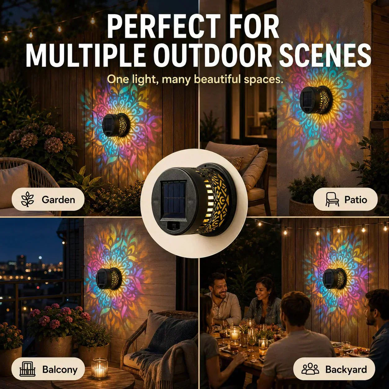 Solar powered mandala projector light package and detail