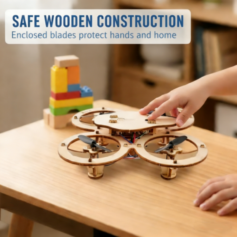 Safety-focused wooden drone frame with propeller guards